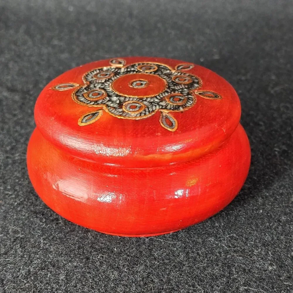 Vintage Polish Red Wooden Hand Carved Detailed Round Trinket Box 3x1.5 Inches